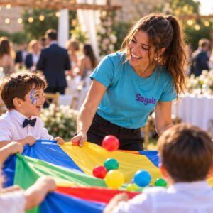 Monitora jugando con niños invitados a la boda