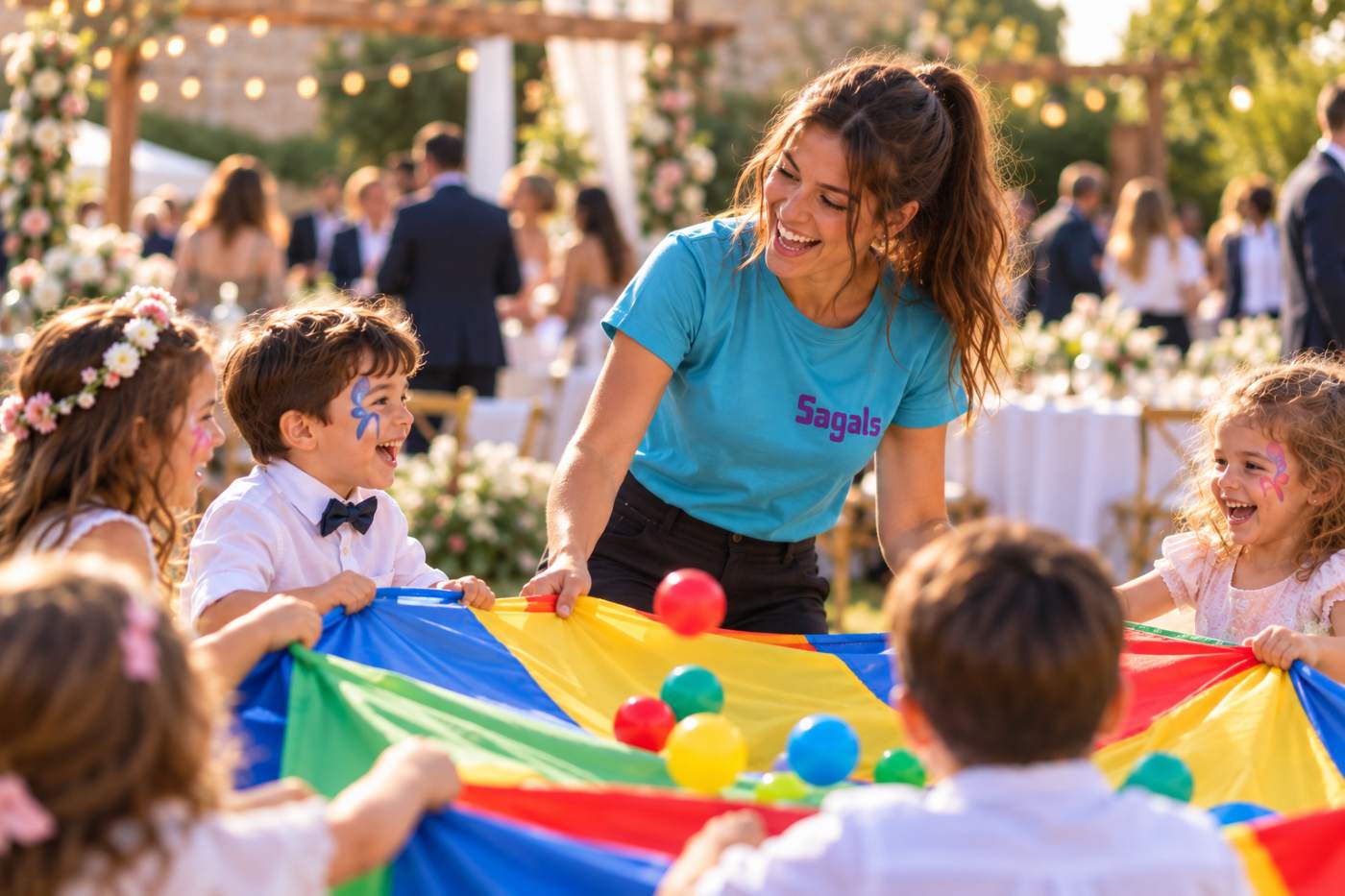 Monitora jugando con niños invitados a la boda