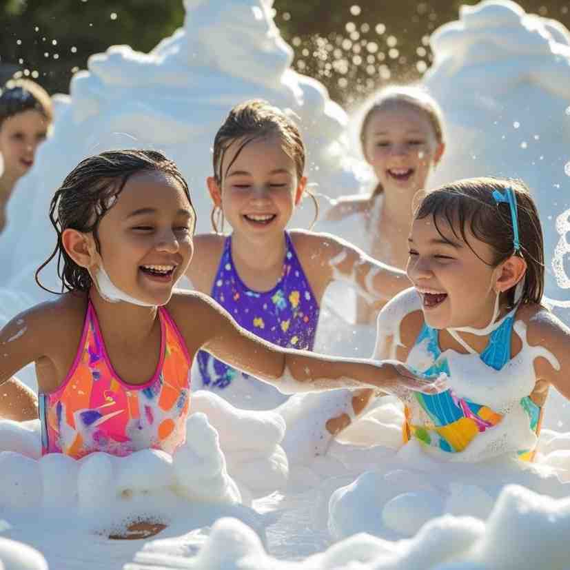 Niños jugando y riendo entre una fiesta de la espuma blanca Niños jugando en la fiesta de la espuma