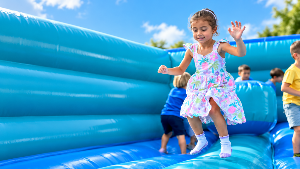 Una niña saltando en un hinchable azul